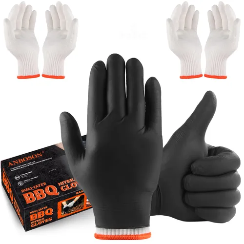 ANBOSON Guantes de BBQ para Cocinar, Hornear y Asar a la Parrilla, 100 Unidades de Guantes Desechables de Nitrilo y 4 Unidades de Forros de Guantes