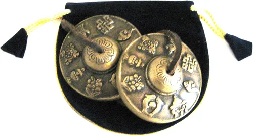 Jive® Campanas tibetanas de Tingsha hechas a mano y afinadas con 8 símbolos de la suerte, incluye bolsa, calidad premium pesada, tamaño grande,