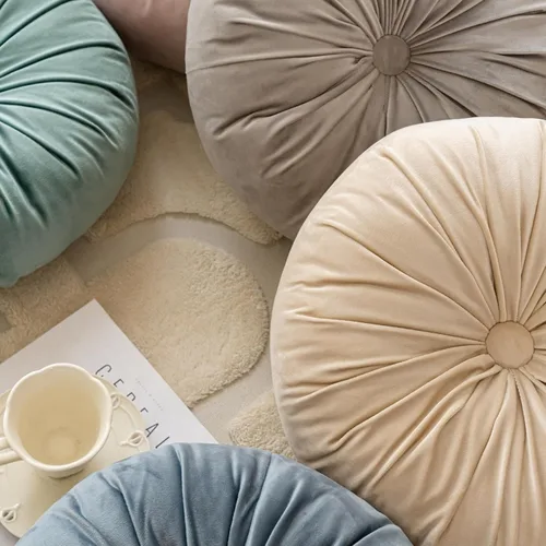 Miniatura 4 de MOJUN Almohada redonda de terciopelo de color liso, almohada de piso de calabaza, decoración del hogar, cojín redondo plisado para sofá, silla, cama