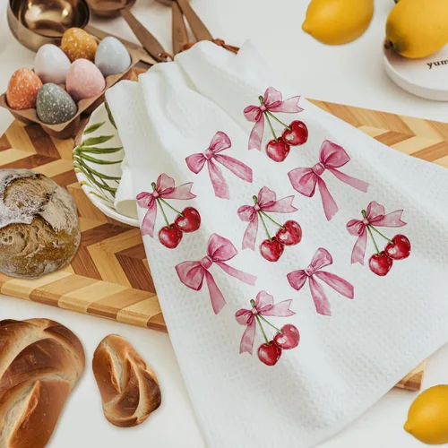 Miniatura 4 de Coquette - Toallas de cocina de cereza con lazo rosa, toallas de mano de cereza femenina para decoración de baño, bonitos paños de cocina estéticos