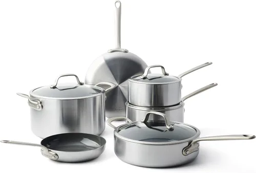 GreenPan Craft Steel - Juego de utensilios de cocina de 10 piezas con protectores de cacerola, color plateado