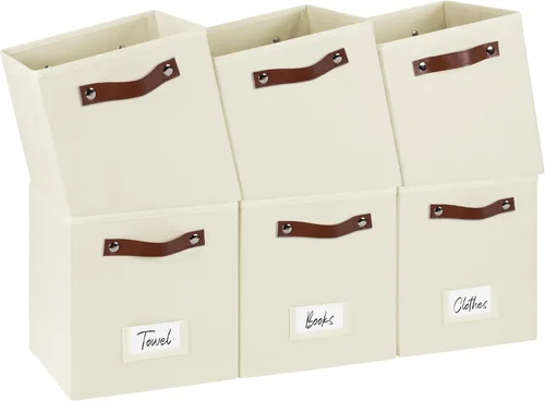FinishingBo Paquete de 6 cubos de almacenamiento con asas y soportes para etiquetas, cubos organizadores para armario para el hogar (beige, 10.5 x