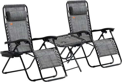 Outsunny Juego de sillas Zero Gravity con mesa auxiliar, silla reclinable plegable con portavasos y almohadas, sillas ajustables para piscina, patio