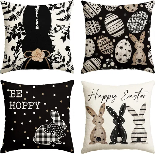 Miniatura 8 de AVOIN colorlife Juego de 4 fundas de almohada negras de 16 x 16 pulgadas con diseño de conejo de Pascua Happy Easter Be Hoppy Rabbit