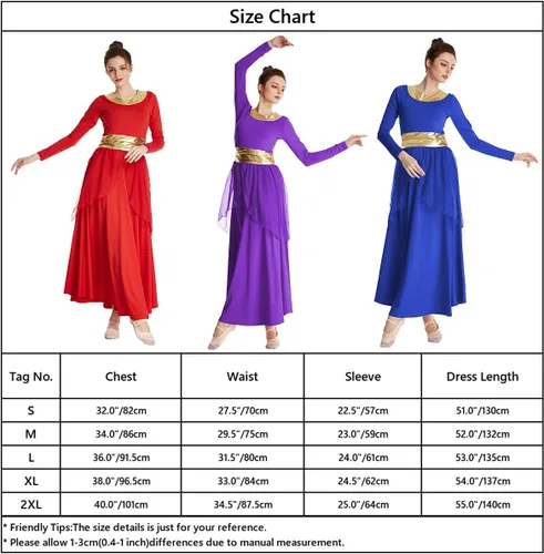 Miniatura 7 de MYRISAM Mujeres Alabanza Bata de Baile Culto Litúrgico Cintura Metálico Vestido de Manga Larga Falda de Gasa Traje Lírico
