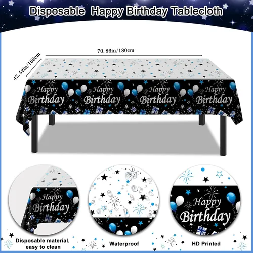 Miniatura 6 de Decoraciones de cumpleaños para niños, hombres, mujeres y niñas, decoración de fiesta de feliz cumpleaños azul y negro, pancarta de feliz