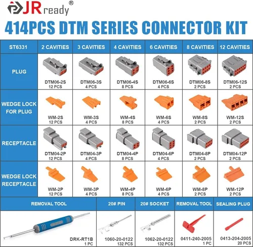 Miniatura 2 de JRready ST6331 Kit de conectores Deutsch, conectores DTM impermeables de 2, 3, 4, 6, 8, 12 pines, tamaño 20 contactos estampados (16-22 AWG)