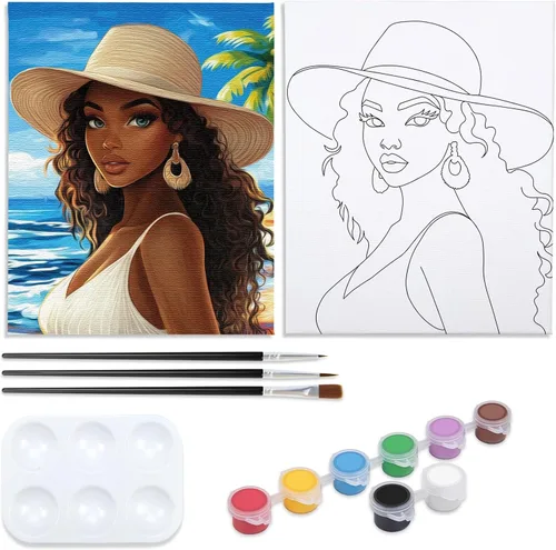 Miniatura 6 de Kit de Fiesta de Pintura en Lienzo Pre-Dibujado para Pintar y Sorber para Adultos Niña con Auriculares Kit de Pintura Regalo de Cumpleaños (8x10)