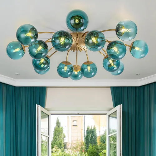 Miniatura 7 de Candelabros Sputnik dorados con globo de vidrio azul, lámpara de techo empotrada con 3 luces de acento de flor de mediados de siglo, candelabros