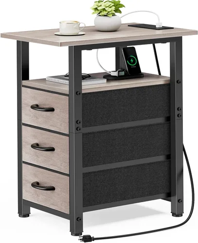 Miniatura 24 de Vagusicc Mesita de noche negra con estación de carga y luces LED, mesa auxiliar estrecha, mesita de noche LED con 3 cajones de tela para dormitorio