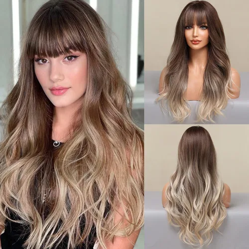 Miniatura 12 de HAIRCUBE Peluca larga rubia mezclada con marrón con flequillo, pelucas rizadas en capas para mujeres, pelucas sintéticas naturales para uso diario