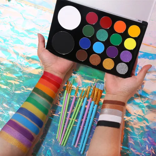 Miniatura 5 de UCANBE Kit de pintura facial + 10 pinceles de pintura activada por agua, paleta de maquillaje SFX para cosplay, Halloween, kits de pintura facial