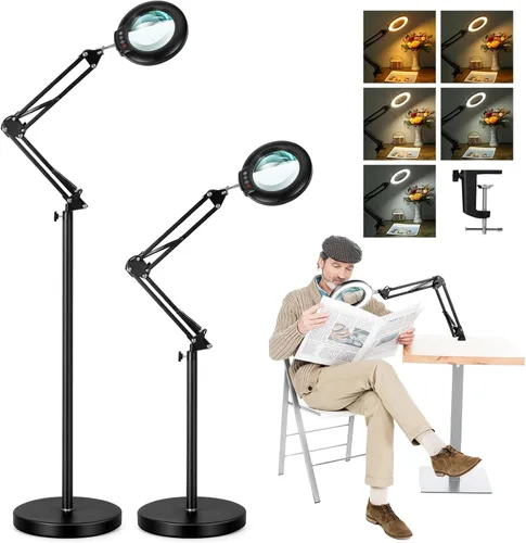 Lupa 12X con luz y soporte, lente de cristal real (no acrílica), 5 modos de color, regulable continuo, lámpara de pie LED 3 en 1, brazo oscilante