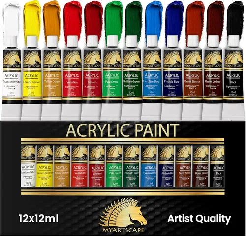 Juego de pintura acrílica. Pinturas artísticas de calidad para pintar lona, madera, arcilla, tela, uñas, cerámica y artesanías. 12 colores vibrantes