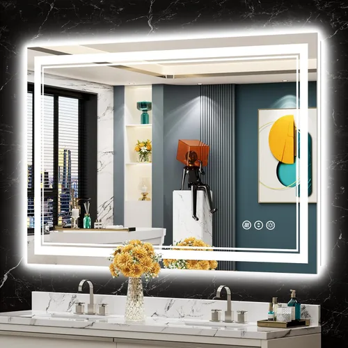 Miniatura 31 de 30x36 Espejo de baño LED con luces, retroiluminado y luz frontal, espejo de tocador iluminado antivaho para pared de baño, 3 colores, regulable