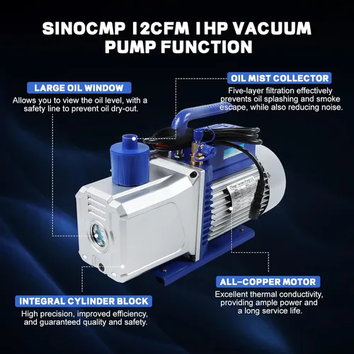 Miniatura 6 de Bomba de vacío 12CFM 1HP Doble etapa 110v 60HZ Aire acondicionado Bomba de vacío HVAC Herramienta de aire Paleta rotativa para sistemas