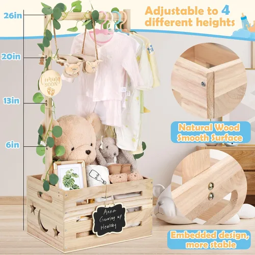 Miniatura 5 de Armario de madera para baby shower con asa ajustable y guirnalda, cesta grande personalizada para baby shower, caja de almacenamiento, regalos