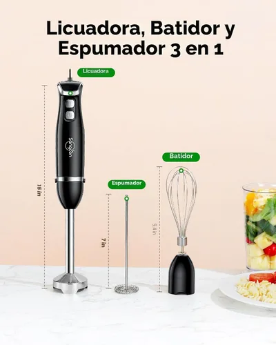 Miniatura 6 de Sangcon Batidora de inmersión de mano, licuadora de mano 3 en 1 eléctrica, Licuadora de mano de 400 W, mezclador de varilla de hoja de acero