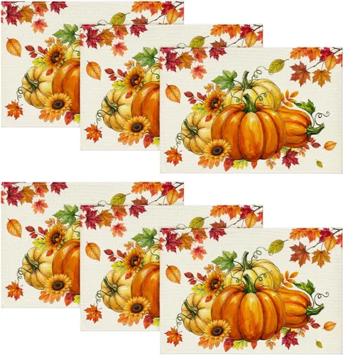 Miniatura 7 de Artoid Mode Juego de 2 manteles individuales de otoño con diseño de calabazas, hojas de arce, girasol, 12 x 18 pulgadas, manteles individuales