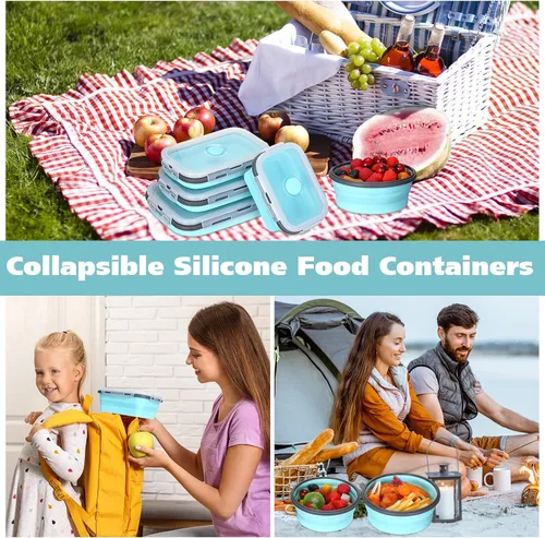 Miniatura 6 de Zopeal - 8 recipientes plegables de almacenamiento de alimentos de silicona con tapas, 4 tazones plegables de silicona rectangulares y 4 cuencos Azul