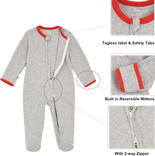 Miniatura 3 de Aablexema Pijama de bebé con puños de manopla, doble cremallera, ropa de algodón para bebés, pijamas para dormir con pies