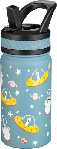 Miniatura 11 de Fanhaw Botella de agua aislada para niños de 14 onzas con tapa de pajita – Acero inoxidable de doble pared al vacío, a prueba de fugas, botellas