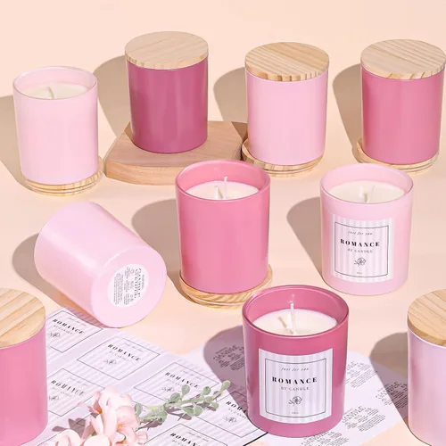 12 tarros de velas rosas surtidos para hacer velas, tarros de vela vacíos de 10 onzas con tapas y etiquetas de bambú, tarro de vela de vidrio para