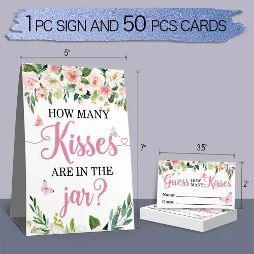 Miniatura 4 de How Many Kisses - Tarjetas de juego para fiesta de baby shower, besos florales de mariposas que adivinan baby showers, boleto de rifa, decoración