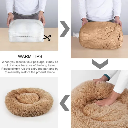 Miniatura 8 de Cama para perros, cama calmante para gatos, cama de felpa de piel sintética con forma de rosquilla para mascotas, cama redonda para perros y gatos
