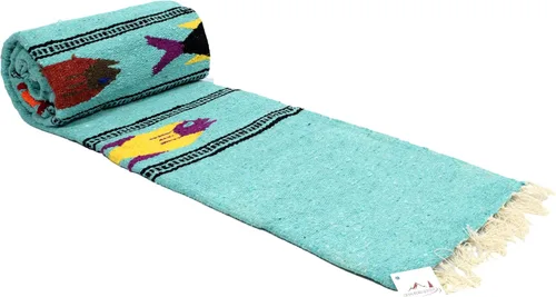 Miniatura 11 de Open Road Goods Manta de yoga mexicana gruesa, diseño de pez serape, hecha a mano (turquesa)