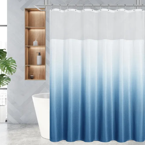 Miniatura 20 de Gibelle Juego de cortina de ducha de tejido gofre con ventana superior de malla y ganchos, cortina de ducha de tela estilo spa para baño, beige, 72