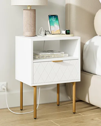 Miniatura 11 de Mesita de noche, mesa auxiliar pequeña con marco dorado, mesita de noche moderna con 2 cajones, mesa de centro, mesa auxiliar con cajón y estante