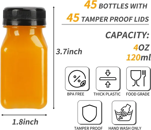 Miniatura 2 de TOMNK 45 botellas de jugo con tapas, recipientes de plástico de 4 onzas con tapas, botellas vacías reutilizables de jengibre transparente