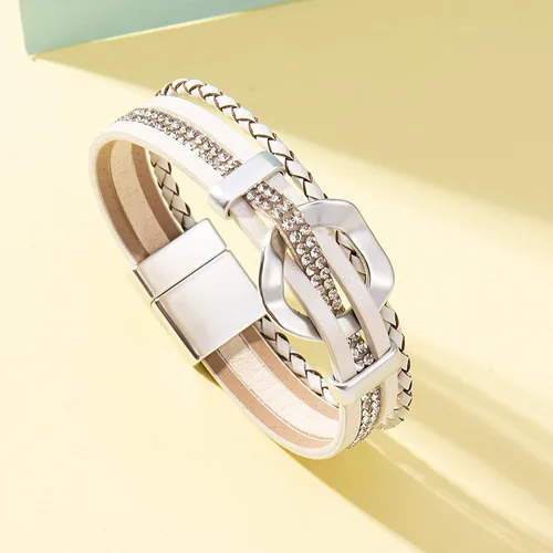 Miniatura 6 de FANCY SHINY Pulsera de cuero con diamantes de imitación circular, apilable, multicapa, con cierre, joyería bohemia, regalo para mujer