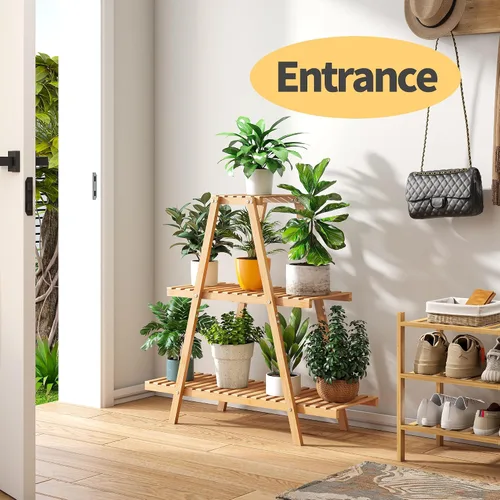 Miniatura 6 de Soporte de bambú para plantas interior/exterior, 3 niveles, negro, rectangular, 8 macetas para flores, estante para plantas