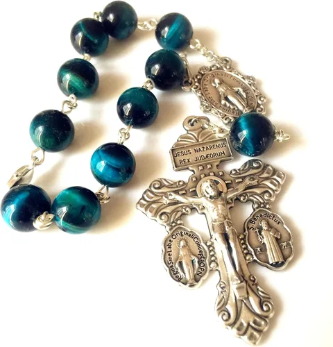 Miniatura 4 de elegantmedical Hecho a mano de pavo real bule ojo de tigre cuentas de jade rosario de coche oración católica una década rosario pulsera de pardón