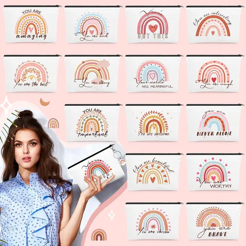 Miniatura 4 de Pinkunn Bolsa de cosméticos de lona arcoíris para el día de la madre, regalos a granel para mujeres con cita inspiradora, juego de 16 bolsas