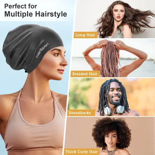 Miniatura 3 de EverSport Gorro de natación grande para trenzas y rastas, gorro de natación de silicona impermeable para mujeres y hombres que mantiene el cabello