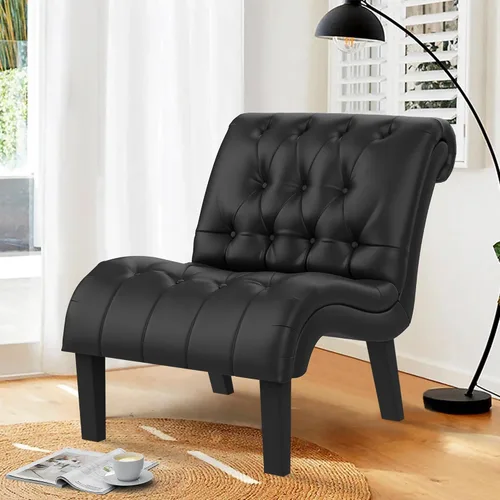 Miniatura 3 de Silla decorativa de piel sintética negra moderna con botones capitoné tapizada sin brazos para dormitorio, sala de estar con patas de madera