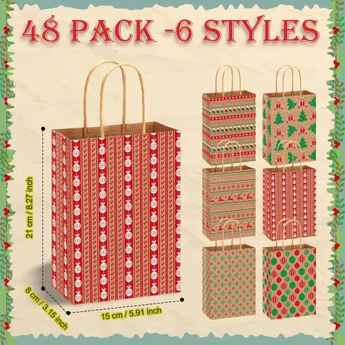 Miniatura 3 de Fulmoon Juego de 48 bolsas de regalo de papel kraft de Navidad a granel, bolsas de regalo de papel surtido con asa, vacaciones para regalos
