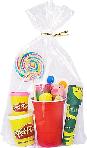 Wowfit 50 bolsas de 10 x 14 pulgadas con fondo acolchado transparente de celofán para regalos con lazos dorados de 6" de Twist, embalaje de celofán