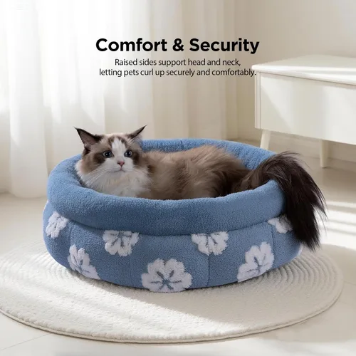 Miniatura 2 de BALANCE Camas para gatos de interior, cama redonda lavable para gatos, bonita cama para gatitos de flores en 3D con parte inferior antideslizante
