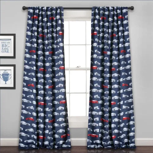 Miniatura 2 de Lush Decor Race Cars - Juego de cortinas para ventana con filtro de luz, 52 pulgadas de ancho x 63 pulgadas de largo, azul marino y rojo