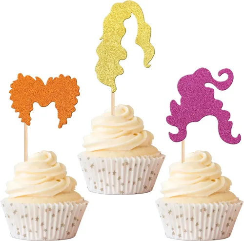 Miniatura 25 de Rsstarxi Paquete de 36 adornos para cupcakes de Halloween, murciélagos con purpurina, palitos de calabaza y calabazas, sombrero de bruja