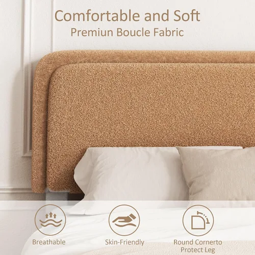 Miniatura 5 de Base de cama de tamaño Full con tapizado de bouclé, plataforma tapizada con cabecera, anticolisión con esquinas redondeadas suaves, no requiere