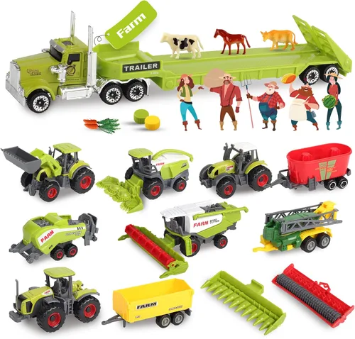 Oriate Juguetes de granja para niños, juego de vehículos tractores realistas, juego de autos fundidos a presión, mini animales de granja educativos