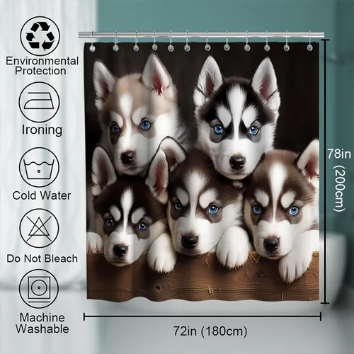 Miniatura 4 de Bonita cortina de ducha de perro, divertida y encantadora mascota, diseño de perros husky, cachorros, familia, niños, juego de decoración de baño