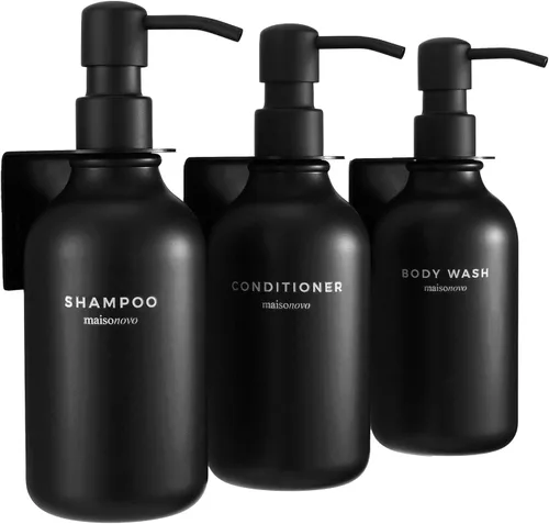 Miniatura 14 de MaisoNovo Dispensador de champú y acondicionador, dispensador de jabón de ducha montado en la pared, juego de 3 botellas de plástico ámbar de 16.9