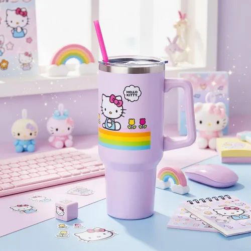 Miniatura 8 de Silver Buffalo - Vaso de acero inoxidable Sanrio Hello Kitty con flores de primavera y verano y rayas arcoíris, con asa y popote, compatible