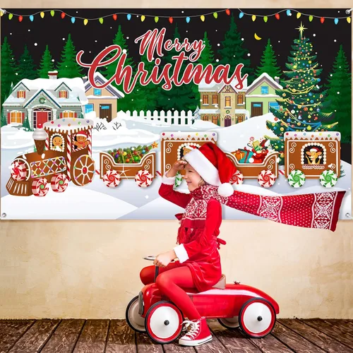 Miniatura 7 de Cartel de Feliz Navidad, extra grande, tela de Navidad, suministros de decoración de fiesta de Año Nuevo, suministros de tren de Navidad, cabina